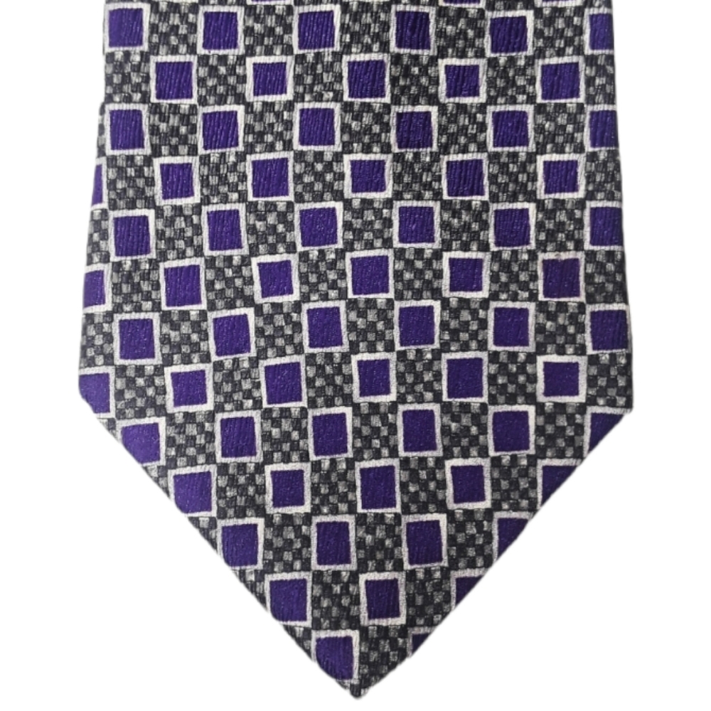 VAN HEUSEN 100% Silk Gray & Purple Square Print Tie